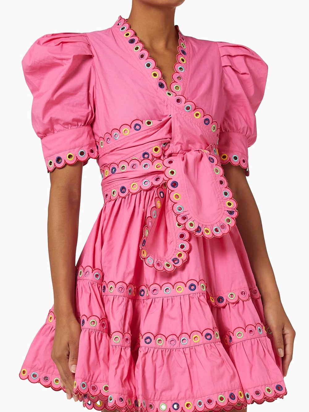 Celia B Bright Pink Eyelet-Trim Puff Sleeve Mini Dress
